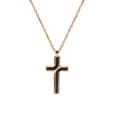 Collier acier et pvd jaune chaine forcat avec pendentif croix et résine noire