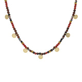 Collier acier doré verre et pierre rouge véritable avec pampilles