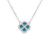 Collier argent rhodié pendentif trèfle turquoise imitation contour oxydes blancs