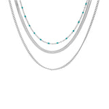 Collier acier 3 rangs avec boules turquoise imitation