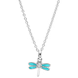 Collier argent rhodié libellule avec email couleur turquoise et oxydes blancs sertis 36+2cm