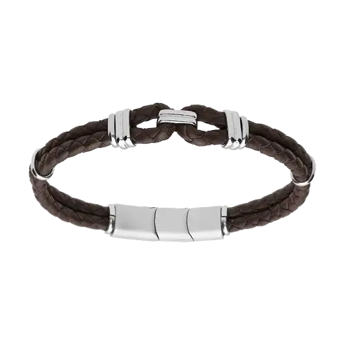 Bracelet acier et double tresse en cuir bovin