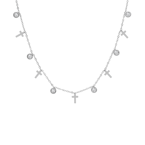 Collier acier avec croix et oxydes blancs sertis