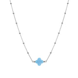 Collier argent rhodié chaine boules et trèfle en verre facetté bleu ciel