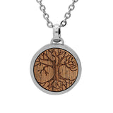 Collier acier pendentif centre bois motif arbre de vie