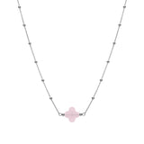 Collier argent rhodié chaine boules et trèfle en verre facetté rose