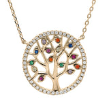 Collier plaqué or arbre de vie oxydes multi couleurs et contour oxydes blancs sertis