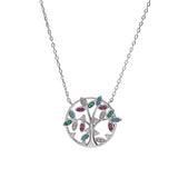 Collier argent rhodie arbre de vie oxydes multi couleurs