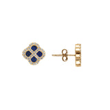 Boucles d'oreilles tige argent doré trèfle verre bleu foncé contour oxydes blancs