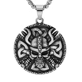 Collier acier gros pendentif patiné rond viking tete de mort