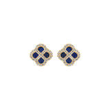 Boucles d'oreilles tige argent doré trèfle verre bleu foncé contour oxydes blancs