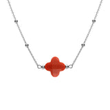 Collier argent rhodié chaine boules et trèfle en verre facetté rouge