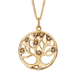 Collier plaqué or pendentif rond arbre de vie pierres synthetique blanches