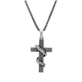 Collier acier patiné chaine 3mm pendentif croix et serpent enroulé 50cm + 5 + 5cm