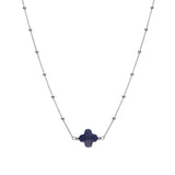 Collier argent rhodié chaine boules et trèfle en verre facetté bleu marine