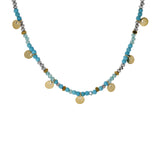 Collier acier doré verre et pierre turquoise imitation avec pampilles pastilles