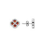 Boucles d'oreilles tige argent rhodié trèfle agate rouge véritable contour oxydes blancs