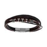 Bracelet acier multi fils cuir bovin marron et noir boules oeil de tigre véritable avec double fermoir