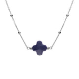 Collier argent rhodié chaine boules et trèfle en verre facetté bleu marine