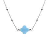 Collier argent rhodié chaine boules et trèfle en verre facetté bleu ciel