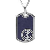 Collier acier pendentif rectangulaire cuir bovin bleu marine ancre