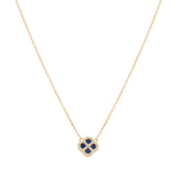 Collier argent doré pendentif trèfle verre bleu foncé contour oxydes blancs