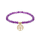 Bracelet acier et pvd jaune extensible pierres naturelles agate  violette avec arbre de vie