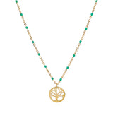 Collier acier et pvd jaune perles résine turquoise imitation avec arbre de vie 40+5cm