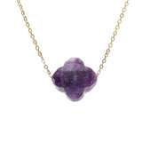 Collier acier doré trèfle pierre imitation facetté violette