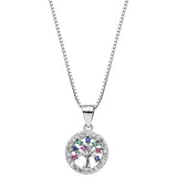 Collier argent rhodié pendentif arbre de vie multi couleurs contours oxydes blancs sertis 42+3cm