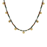 Collier acier doré verre et agate verte véritable avec pampilles