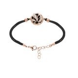 Bracelet acier et pvd rose avec cordon noir motif rond avec résine blanche et noire