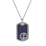 Collier acier pendentif rectangulaire cuir bovin bleu marine ancre