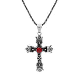 Collier acier pendentif croix patiné oxyde rouge serti