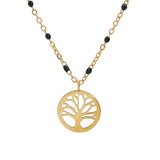 Collier acier et pvd jaune résine noire avec arbre de vie