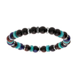 Bracelet acier extensible boules agate noire, oeil de tigre bleu rouge marron et rondelles howlite