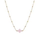 Collier argent doré chaine boules et trèfle en verre facetté rose