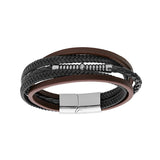 Bracelet acier multifils cuir bovin marron, noir et bleu avec double fermoir