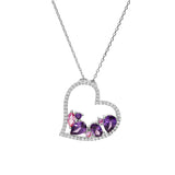 Collier argent rhodie massif pendentif coeur oxydes violets et roses contour oxydes blancs