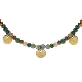 Collier acier doré verre et agate verte véritable avec pampilles