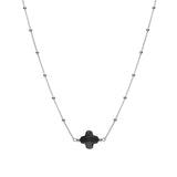 Collier argent rhodié chaine boules et trèfle en verre facetté noir