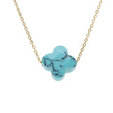 Collier acier doré trèfle pierre imitation facetté turquoise