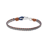 Bracelet acier et cuir bovin marron cordon bleu avec chainette