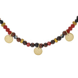 Collier acier doré verre et pierre rouge véritable avec pampilles