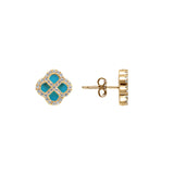 Boucles d'oreilles tige argent doré trèfle turquoise imitation contour oxydes blancs