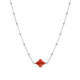 Collier argent rhodié chaine boules et trèfle en verre facetté rouge