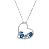 Collier argent rhodié massif pendentif coeur oxydes bleus contour oxydes blancs 40+5cm