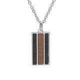 Collier acier pendentif rectangulaire et aspect bois marron et noir