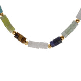 Collier acier rondelles sodalite, olivine, quartz, oeil de tigre véritable et turquoise imitation