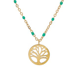 Collier acier et pvd jaune perles résine turquoise imitation avec arbre de vie 40+5cm